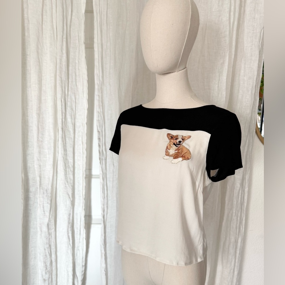 Upcycled Black and White Blouse Tee with Embroidered Corgi